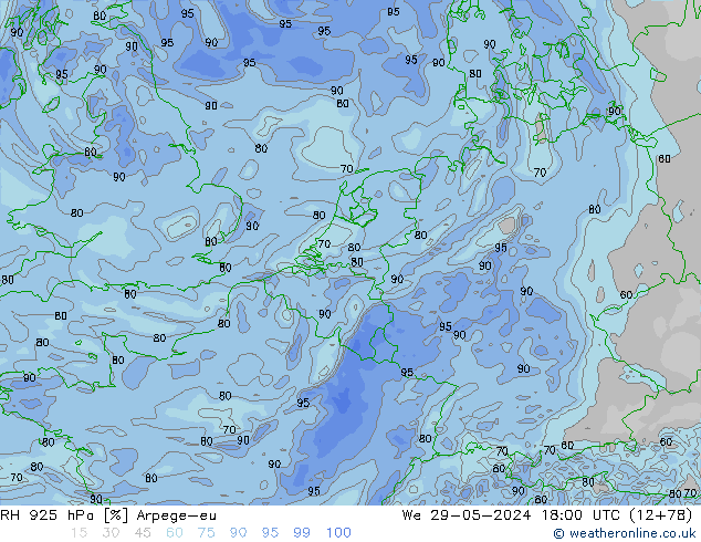 Humidité rel. 925 hPa Arpege-eu mer 29.05.2024 18 UTC