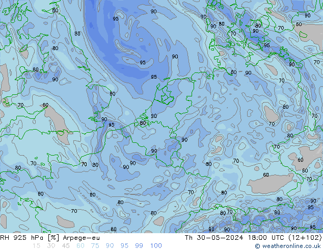 Humedad rel. 925hPa Arpege-eu jue 30.05.2024 18 UTC