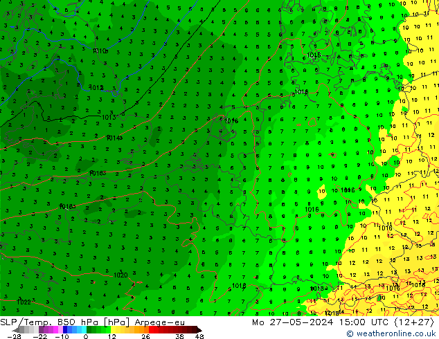 SLP/Temp. 850 hPa Arpege-eu Mo 27.05.2024 15 UTC