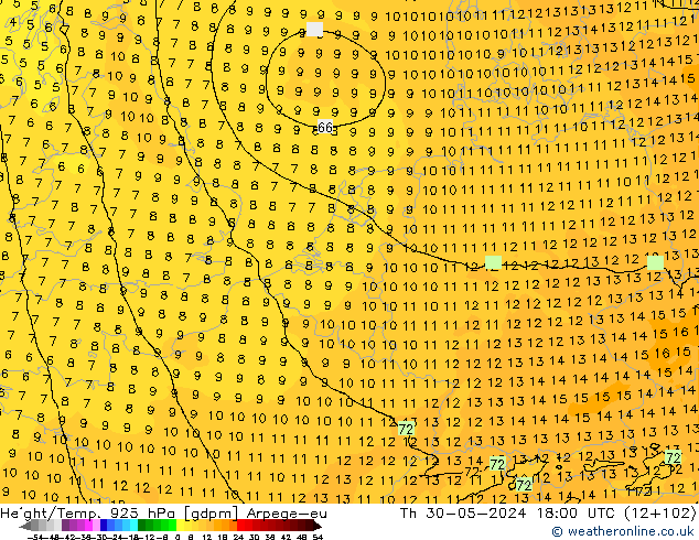 Height/Temp. 925 гПа Arpege-eu чт 30.05.2024 18 UTC