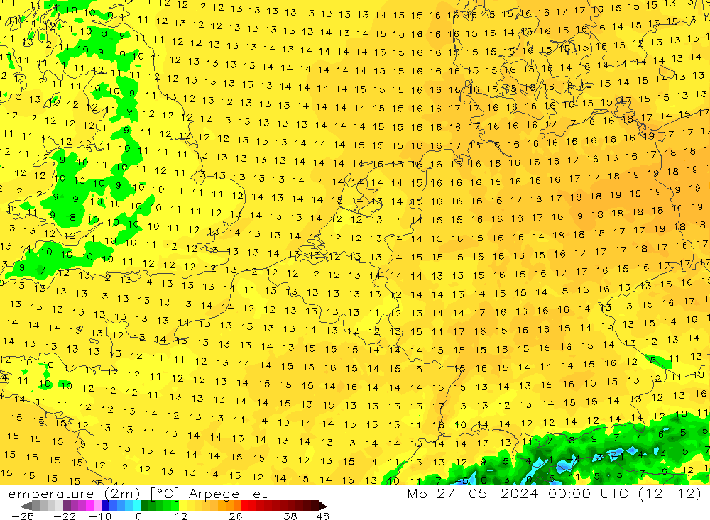 Temperature (2m) Arpege-eu Mo 27.05.2024 00 UTC