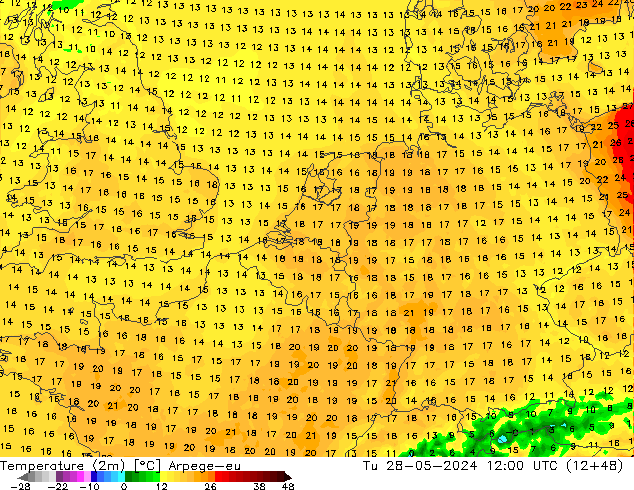 Temperatuurkaart (2m) Arpege-eu di 28.05.2024 12 UTC