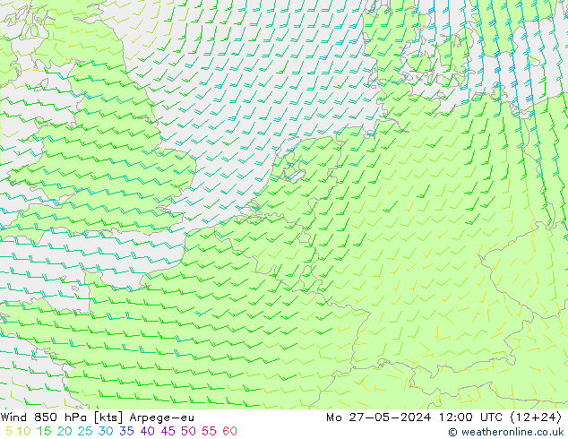 Vento 850 hPa Arpege-eu lun 27.05.2024 12 UTC