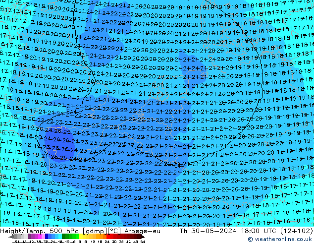 Height/Temp. 500 гПа Arpege-eu чт 30.05.2024 18 UTC