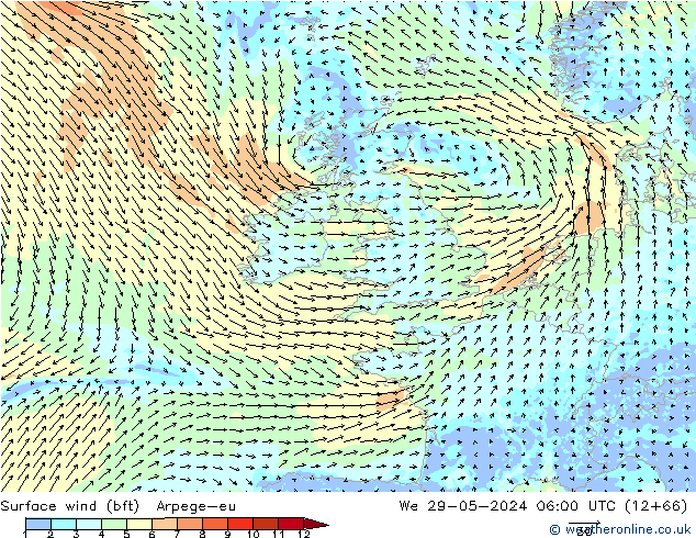 Surface wind (bft) Arpege-eu St 29.05.2024 06 UTC