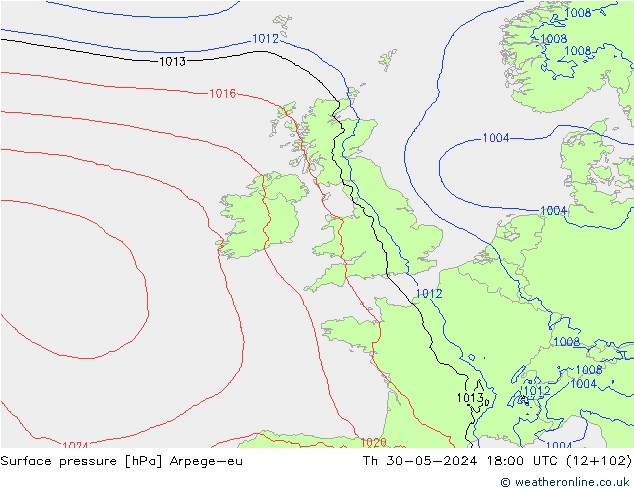 Atmosférický tlak Arpege-eu Čt 30.05.2024 18 UTC