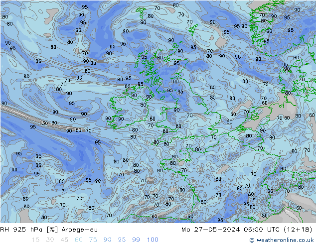 RH 925 hPa Arpege-eu Mo 27.05.2024 06 UTC