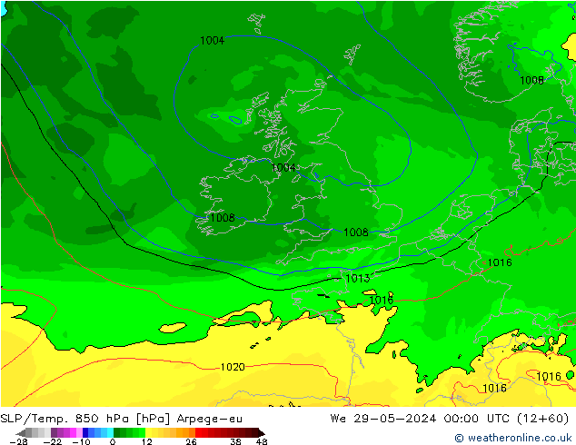 SLP/Temp. 850 hPa Arpege-eu wo 29.05.2024 00 UTC