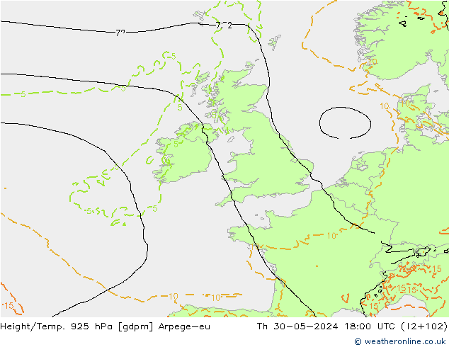 Height/Temp. 925 hPa Arpege-eu Čt 30.05.2024 18 UTC