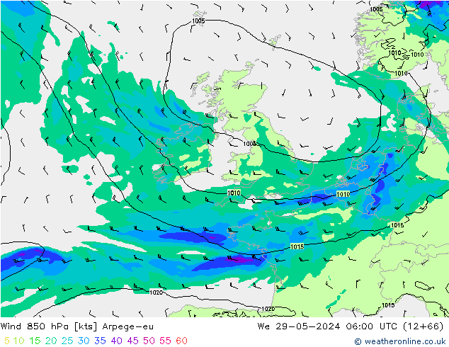Wind 850 hPa Arpege-eu wo 29.05.2024 06 UTC