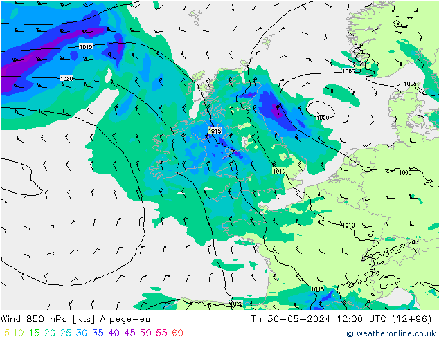 Wind 850 hPa Arpege-eu Čt 30.05.2024 12 UTC