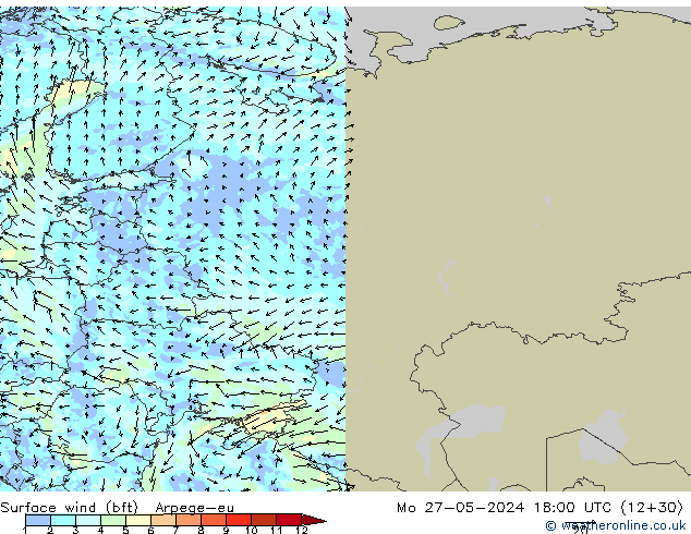 Viento 10 m (bft) Arpege-eu lun 27.05.2024 18 UTC