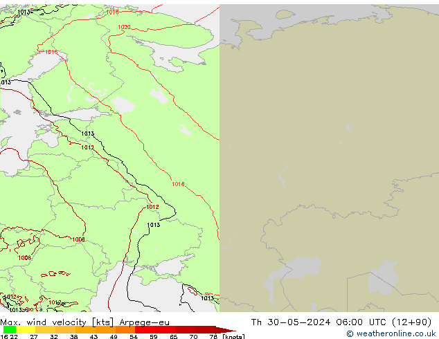 Max. wind velocity Arpege-eu jue 30.05.2024 06 UTC