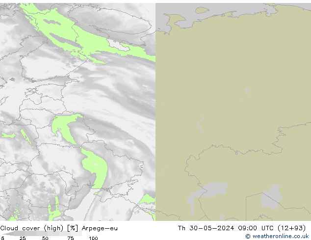 Cloud cover (high) Arpege-eu Th 30.05.2024 09 UTC