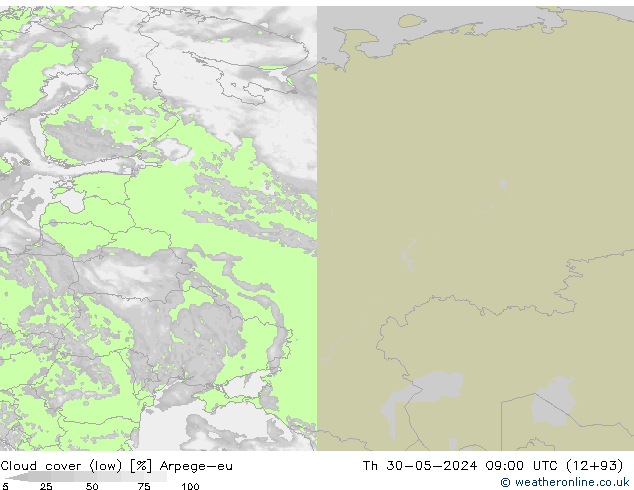 Cloud cover (low) Arpege-eu Th 30.05.2024 09 UTC