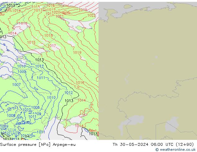 Atmosférický tlak Arpege-eu Čt 30.05.2024 06 UTC