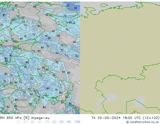 RH 850 гПа Arpege-eu чт 30.05.2024 18 UTC