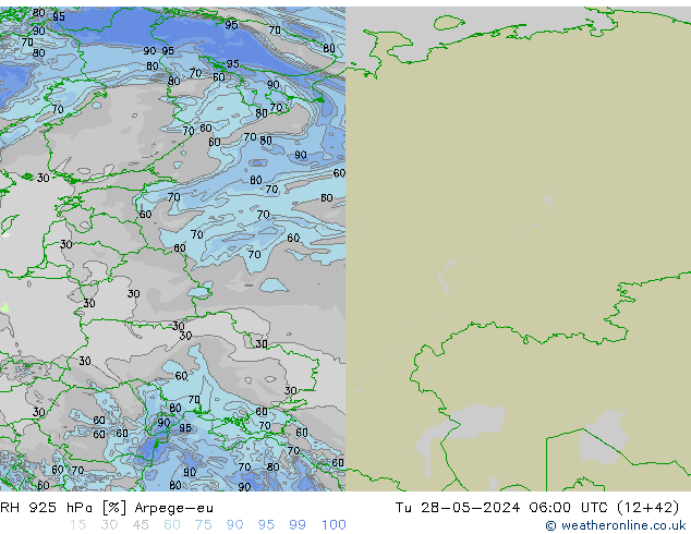 RH 925 гПа Arpege-eu вт 28.05.2024 06 UTC