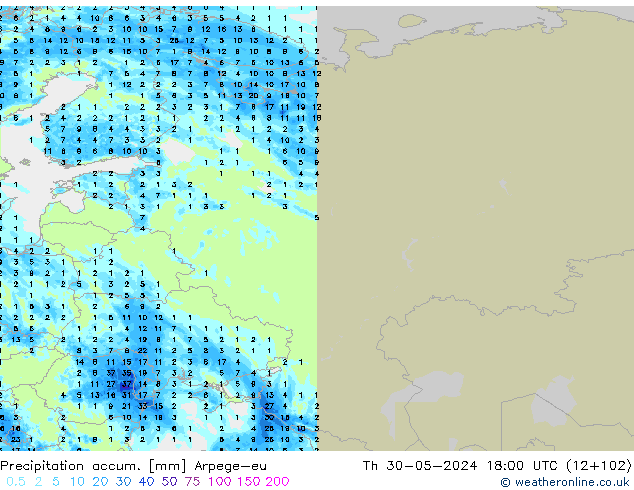 Precipitation accum. Arpege-eu Th 30.05.2024 18 UTC