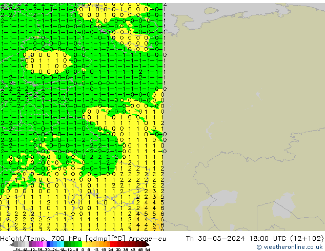 Geop./Temp. 700 hPa Arpege-eu jue 30.05.2024 18 UTC