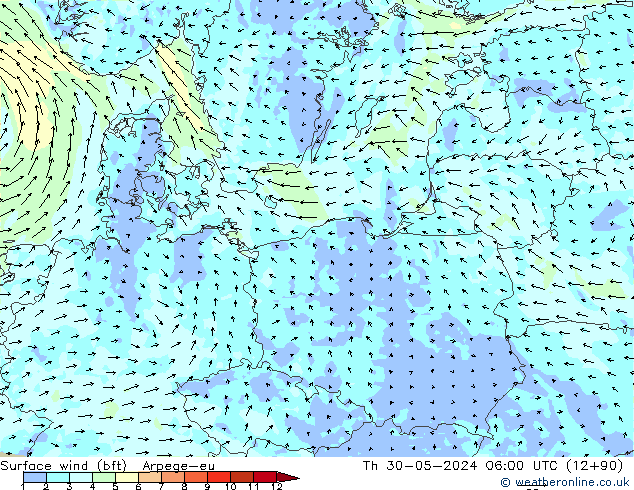 Wind 10 m (bft) Arpege-eu do 30.05.2024 06 UTC