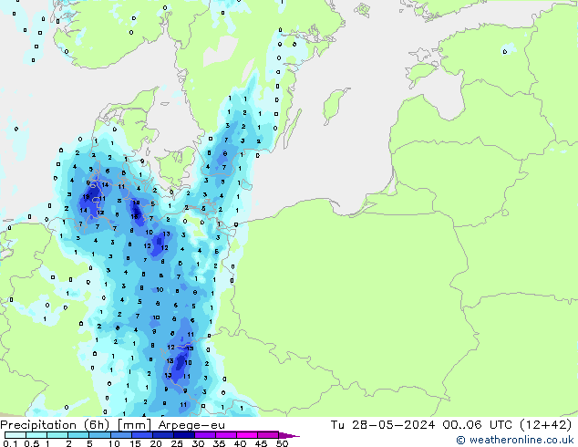 Precipitation (6h) Arpege-eu Tu 28.05.2024 06 UTC