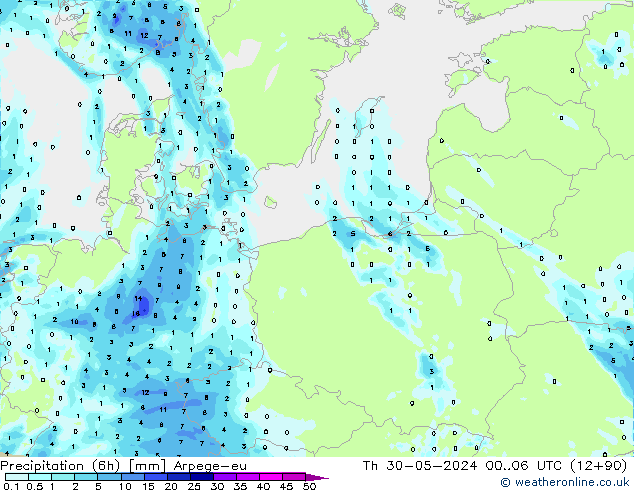 Totale neerslag (6h) Arpege-eu do 30.05.2024 06 UTC