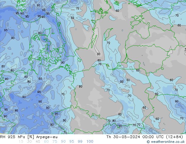 Humidité rel. 925 hPa Arpege-eu jeu 30.05.2024 00 UTC