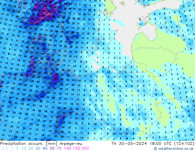 Précipitation accum. Arpege-eu jeu 30.05.2024 18 UTC