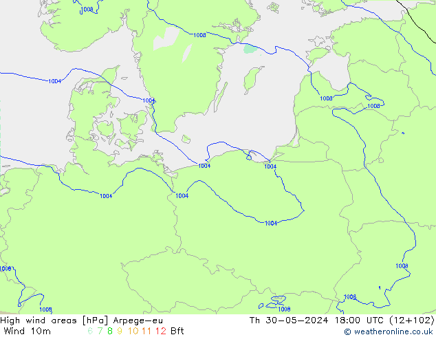 High wind areas Arpege-eu Qui 30.05.2024 18 UTC