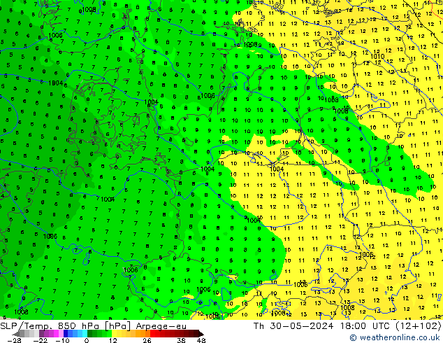 SLP/Temp. 850 hPa Arpege-eu jeu 30.05.2024 18 UTC