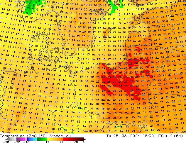 Temperature (2m) Arpege-eu Tu 28.05.2024 18 UTC