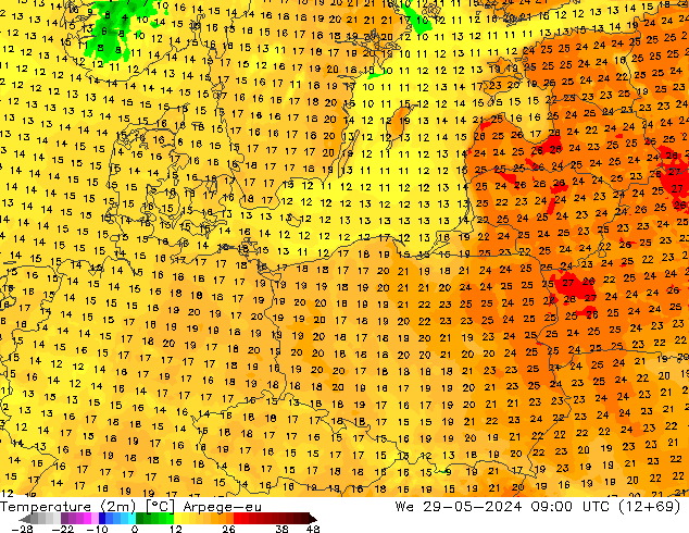 Sıcaklık Haritası (2m) Arpege-eu Çar 29.05.2024 09 UTC