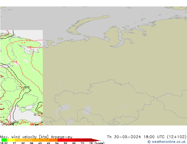 Max. wind velocity Arpege-eu jue 30.05.2024 18 UTC