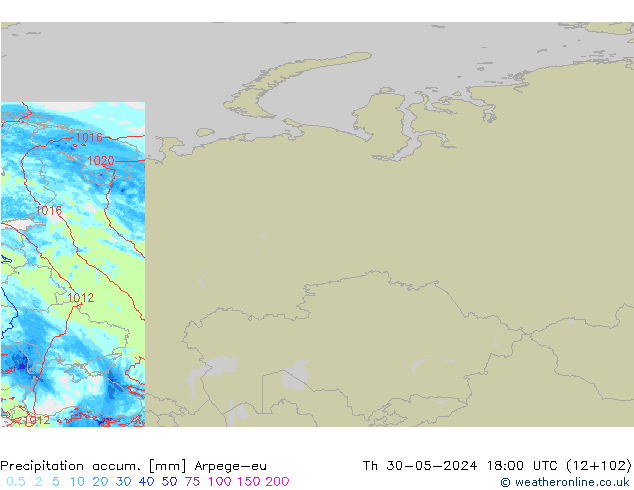 Precipitation accum. Arpege-eu Qui 30.05.2024 18 UTC