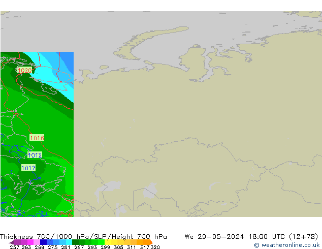 Thck 700-1000 hPa Arpege-eu We 29.05.2024 18 UTC