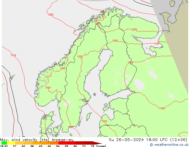 Max. wind velocity Arpege-eu Su 26.05.2024 18 UTC