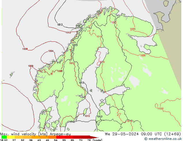 Max. wind velocity Arpege-eu We 29.05.2024 09 UTC