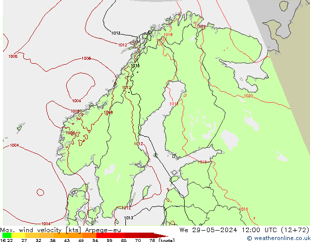 Max. wind velocity Arpege-eu We 29.05.2024 12 UTC