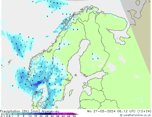 Precipitation (6h) Arpege-eu Mo 27.05.2024 12 UTC