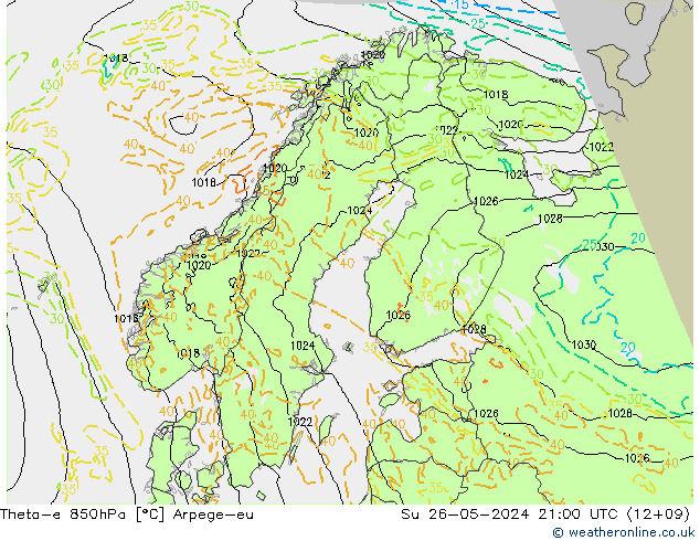 Theta-e 850hPa Arpege-eu dom 26.05.2024 21 UTC