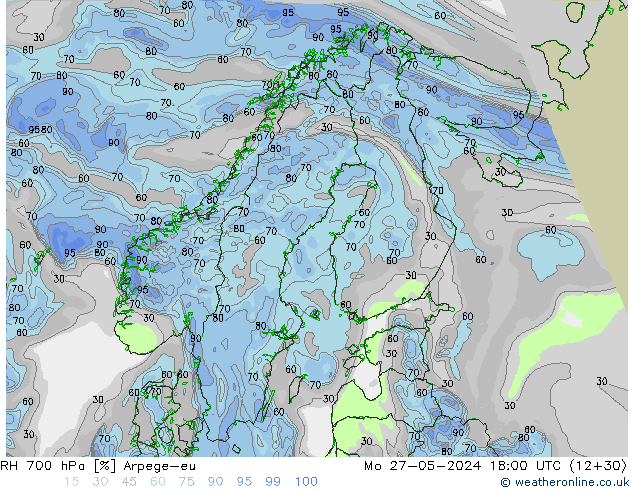 Humidité rel. 700 hPa Arpege-eu lun 27.05.2024 18 UTC