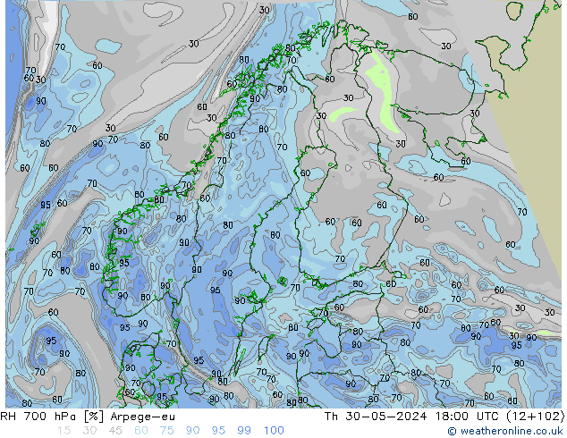 RH 700 hPa Arpege-eu czw. 30.05.2024 18 UTC