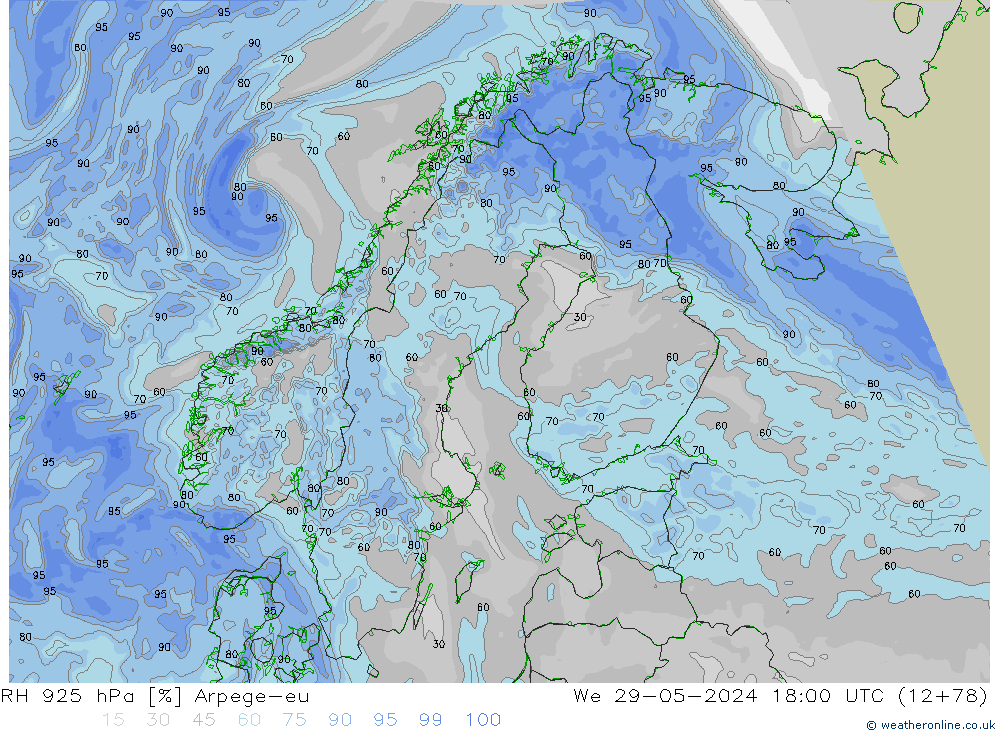 Humidité rel. 925 hPa Arpege-eu mer 29.05.2024 18 UTC