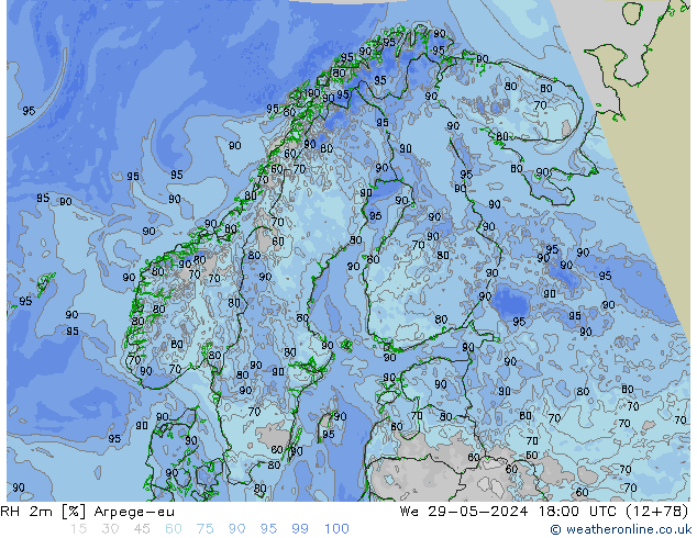 RH 2m Arpege-eu śro. 29.05.2024 18 UTC