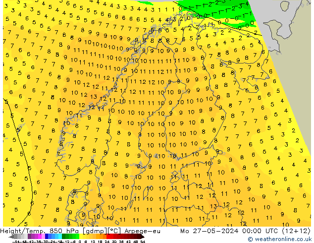 Géop./Temp. 850 hPa Arpege-eu lun 27.05.2024 00 UTC