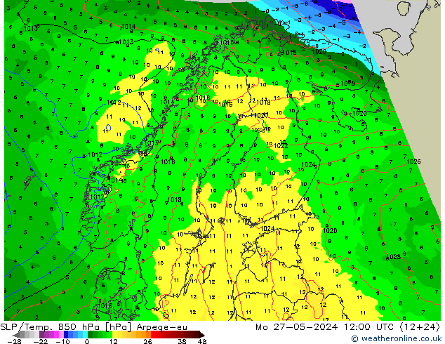 SLP/Temp. 850 hPa Arpege-eu Mo 27.05.2024 12 UTC