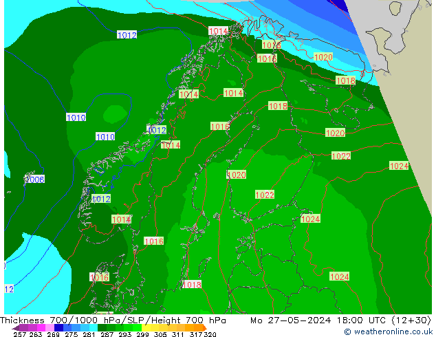 Thck 700-1000 hPa Arpege-eu lun 27.05.2024 18 UTC