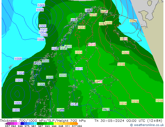 Thck 700-1000 гПа Arpege-eu чт 30.05.2024 00 UTC