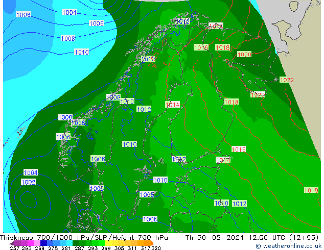 Thck 700-1000 hPa Arpege-eu Th 30.05.2024 12 UTC